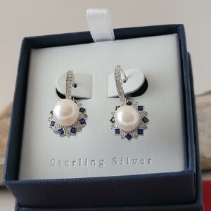 ❤️Precious Sterling Silver Fresh-Water Pearl, White and Blue CZ Drop Earrings!